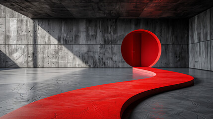 Empty room featuring a vibrant red path contrasted against stark concrete walls. The goal concept