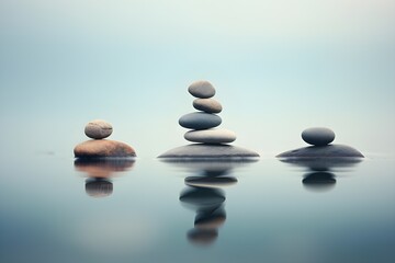 Zen Concept.  Spa stones in the lake at sunset, generated by AI. 3D illustration