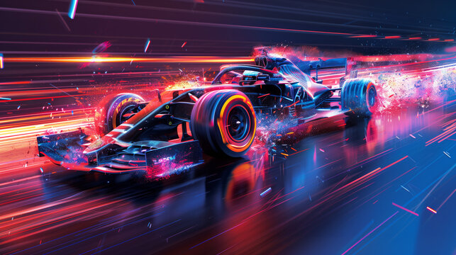 Formula 1 bolid on racing track. Dynamic scene of race car accelerating the track. Multicolour reflection.  F1 grand prix race