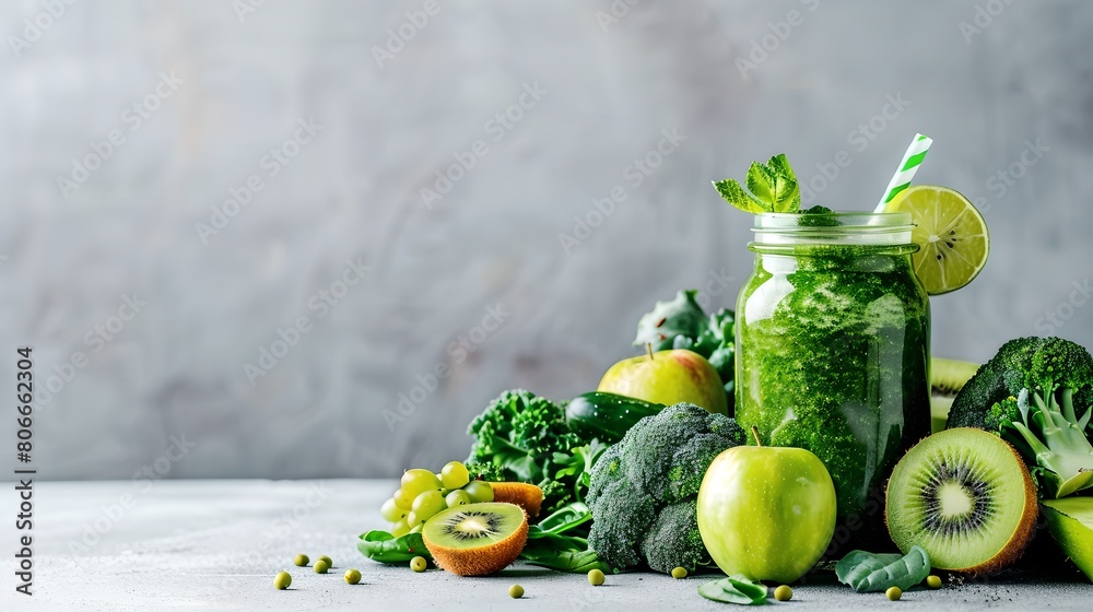 Canvas Prints Fresh Green Smoothie in Clear Jar Surrounded by Vegetables and Fruits. Healthy Lifestyle, Nutritious Drink. Perfect for Vegan and Detox Diets. Bright and Inviting Food Photography. AI