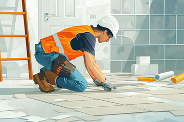 Illustration of a skilled builder carefully laying new tiles on a floor, with tools around