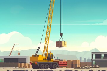 Illustration of a tall yellow crane lifting a heavy load at a construction site with a clear sky