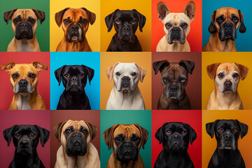 Collection of different dog breeds, each with a unique coloration, creating a diverse and vibrant display