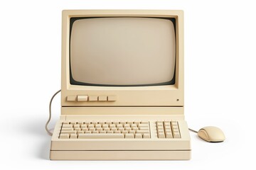 Classic old-fashioned desktop computer with keyboard and mouse on white background, evoking retro technology nostalgia