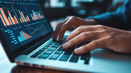 Close up of professional business man hand typing financial report by using laptop with hologram of growth stock market graph. Skilled male leader working on computer while planning strategy. AIG42.