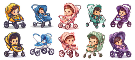 Stroller with baby Illustration, Clipart Bundle, png, generated ai