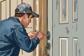 Highly skilled handyman expertly repairs and maintains a doorknob, providing detailed illustration of his meticulous work and professionalism, ensuring safety and satisfaction for the homeowner