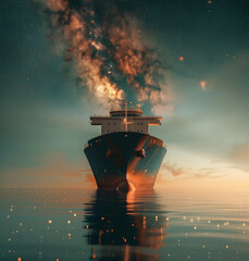 Cargo ship with fiery smoke at dawn/dusk on calm seas.