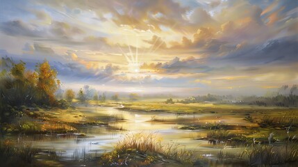 Capture the panoramic view of a serene landscape at sunrise, featuring a transcendent beam of light illuminating the scene in a traditional oil painting style