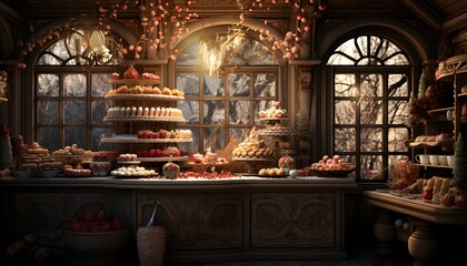 Candy bar with a lot of sweet pastries and cakes.