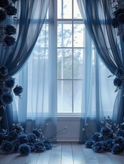 Elegant Dusty Blue Silk with Floral Digital Backdrop for Photography and Art