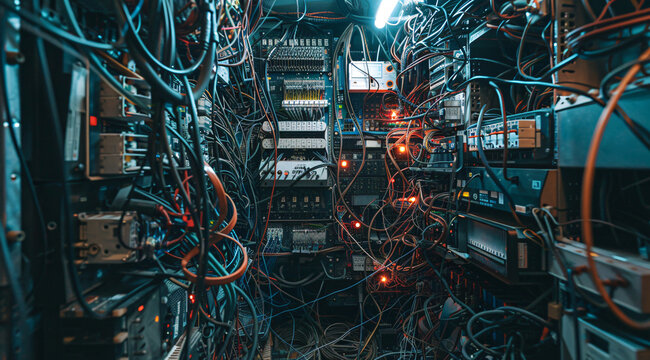 Complex network server wiring chaos, Close-up view of tangled cables and wires in a data center's network server rack