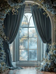 Elegant Dusty Blue Silk with Floral Digital Backdrop for Photography and Art