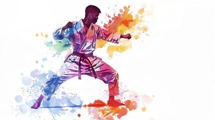Craft a detailed and isolated taekwondo fighter in vibrant watercolor, showcasing their strength and focus in the martial art on a clean, white backdrop