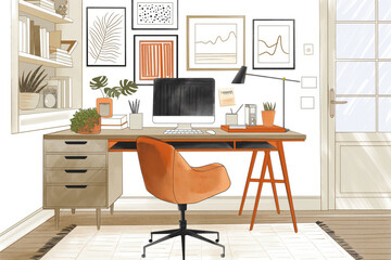 Illustration of a stylish home office with trendy furniture and wall art