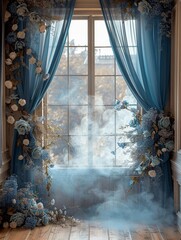 Elegant Dusty Blue Silk with Floral Digital Backdrop for Photography and Art