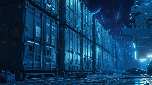 Futuristic cargo spaceport with shipping containers under a starry sky.