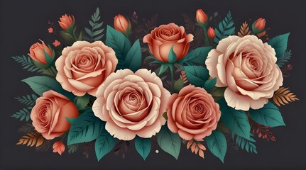 teautiful romantic flower collection with roses leaves