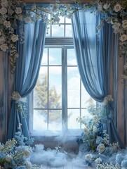Elegant Dusty Blue Silk with Floral Digital Backdrop for Photography and Art