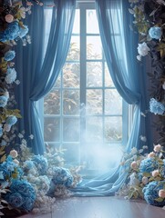 Elegant Dusty Blue Silk with Floral Digital Backdrop for Photography and Art