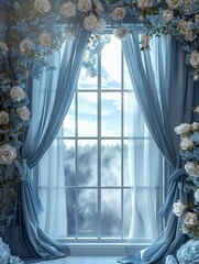 Elegant Dusty Blue Silk with Floral Digital Backdrop for Photography and Art