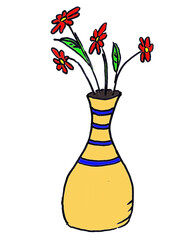 Colorful hand-painted vase in cartoon style with flowers isolated on white