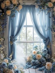 Elegant Dusty Blue Silk with Floral Digital Backdrop for Photography and Art