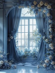 Elegant Dusty Blue Silk with Floral Digital Backdrop for Photography and Art