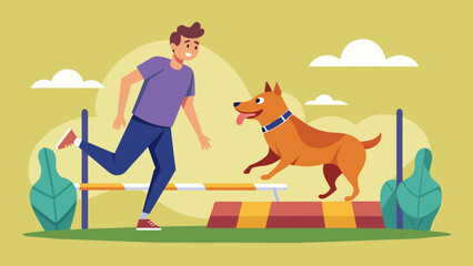Naklejka premium Paws pounding against the ground the dog bounds through the agility course with its trainer by its side a clear display of their strong partnership.. Vector illustration