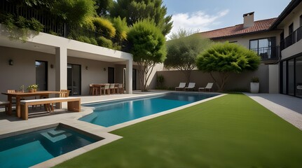 Fototapeta premium beautiful courtyard with a lawn and swimming pool ba