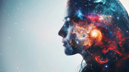 Portrait of a beautiful thinking woman letting see the space and galaxies as reflection of mental health of the person