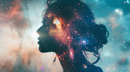 Portrait of a beautiful thinking woman letting see the space and galaxies as reflection of mental...