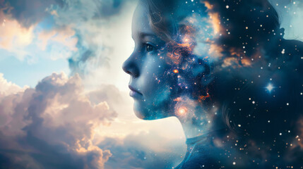 Portrait of a beautiful thinking young girl kid letting see the space and galaxies as reflection of...