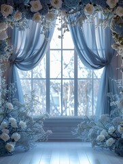 Elegant Dusty Blue Silk with Floral Digital Backdrop for Photography and Art
