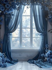 Elegant Dusty Blue Silk with Floral Digital Backdrop for Photography and Art