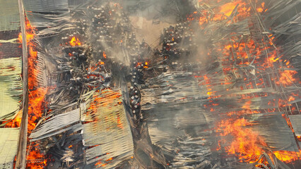 Aerial view reveals industrial behemoth in turmoil, flames ravage, structures falter, smoke chokes...
