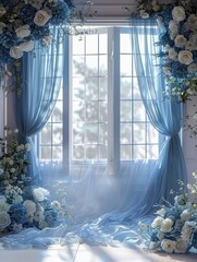 Elegant Dusty Blue Silk with Floral Digital Backdrop for Photography and Art