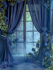 Elegant Dusty Blue Silk with Floral Digital Backdrop for Photography and Art