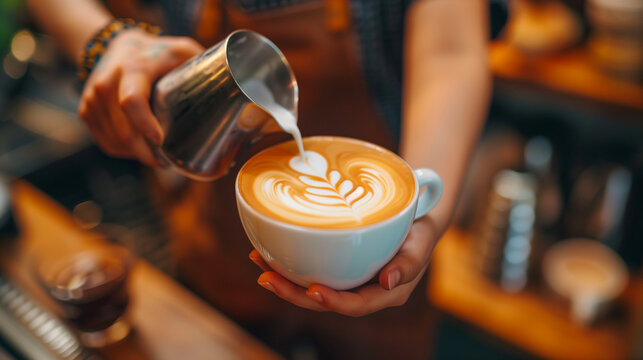 Barista Pouring Milk Creating Latte Art. Close-up of a barista pouring milk to create intricate latte art in a coffee shop