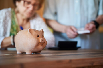 A piggy bank in front of a senior couple managing their finances.