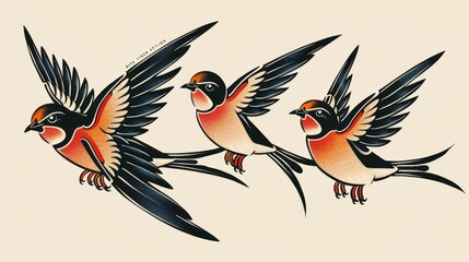 Obraz premium Vibrant traditional tattoos featuring swallows with bold black outlines and solid colors, classic American tattoo style, on an isolated background