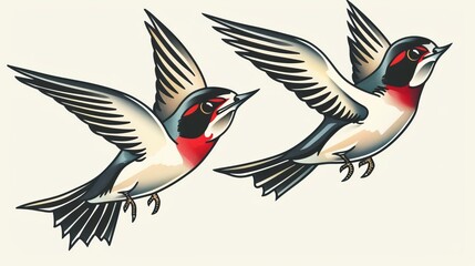 Naklejka premium Vibrant traditional tattoos featuring swallows with bold black outlines and solid colors, classic American tattoo style, on an isolated background