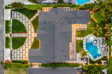 Aerial view of a contemporary new build residence in Los Angeles