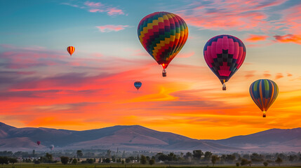 Hot Air Balloons Floating at Sunset. Colorful hot air balloons float gracefully across a stunning sunset sky, providing a serene view over the picturesque landscape.