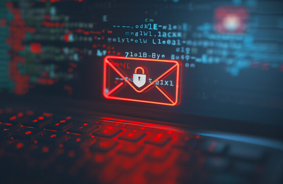 Secure Email Encryption Technology Concept. A digital depiction of an encrypted email icon with a lock, symbolizing secure and private online communication.