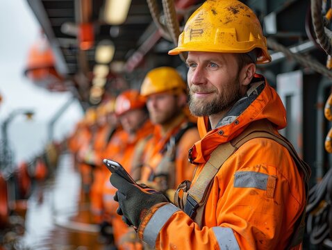 Maritime crew using handheld devices to manage logistics, essential for efficient online delivery services