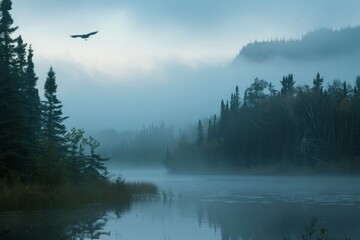 Experience the quiet solitude of dawn in a remote wilderness, with the only sounds being the rustle of leaves in the wind and the distant call, Generative AI