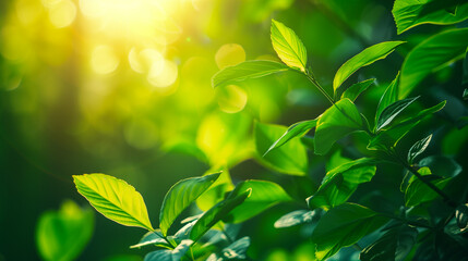 Obraz premium Sunlit Fresh Green Leaves in Nature. Vibrant green leaves bathed in sunlight, highlighting their freshness and natural beauty in a peaceful setting.