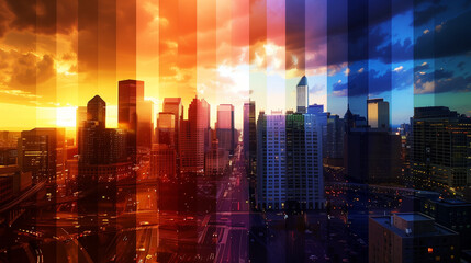 Fototapeta premium Time-Lapse Cityscape from Day to Night. Artistic time-lapse view of a bustling cityscape transitioning from day to night with a vivid color gradient sky.