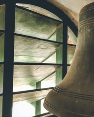 Vintage large meta bells at an old mosque in Hooghly, West Bengal, India in January 2023....